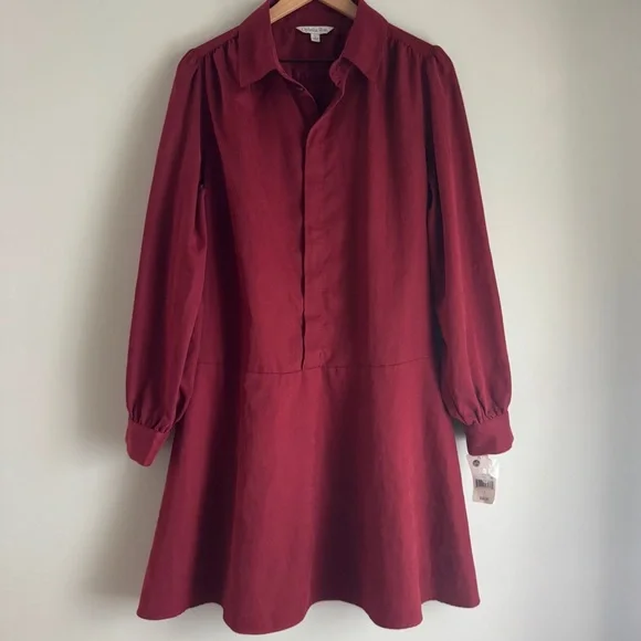 Ophelia Roe NWT Burgandy Long Sleeve Collared Button Down Dress Size Large - Picture 1 of 5